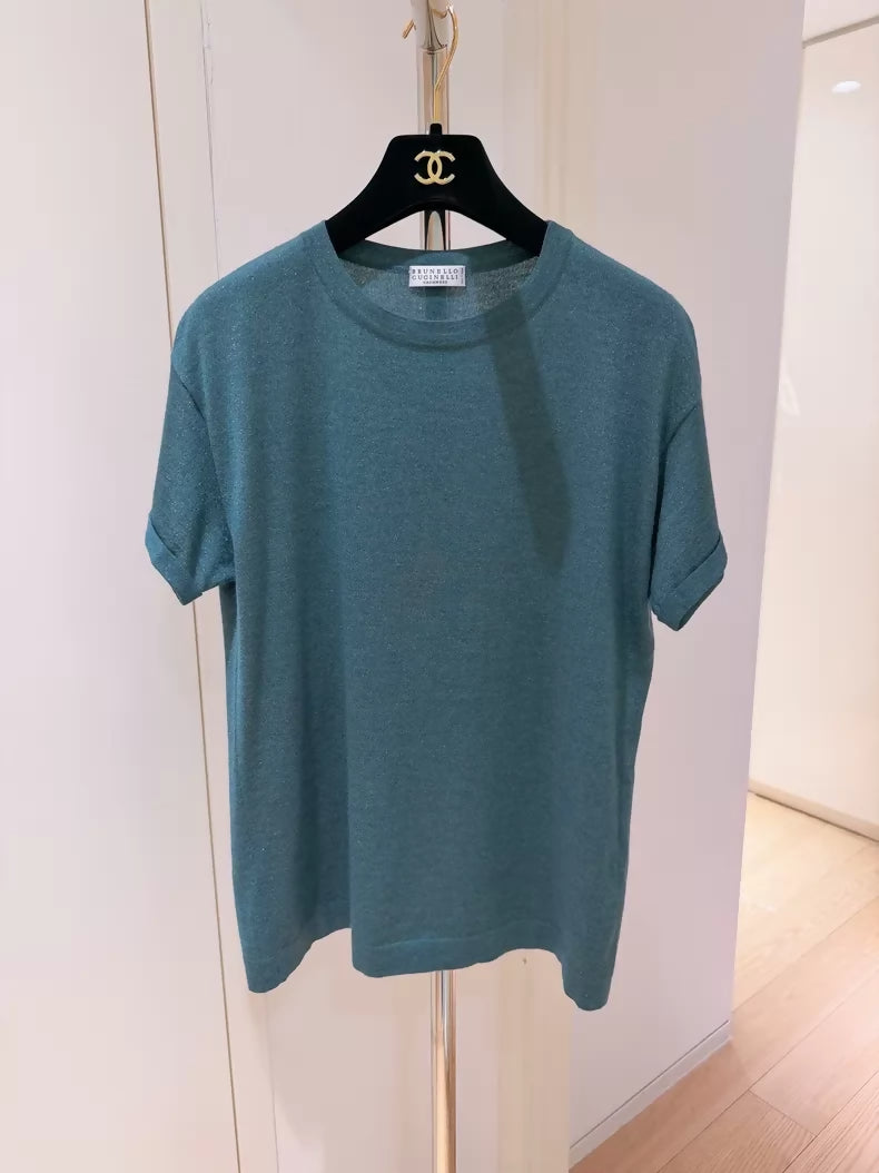 Brunello Cucinelli BC Peacock Green Shimmery Cashmere Knit Short-Sleeve T-Shirt