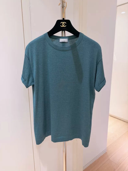 Brunello Cucinelli BC Peacock Green Shimmery Cashmere Knit Short-Sleeve T-Shirt