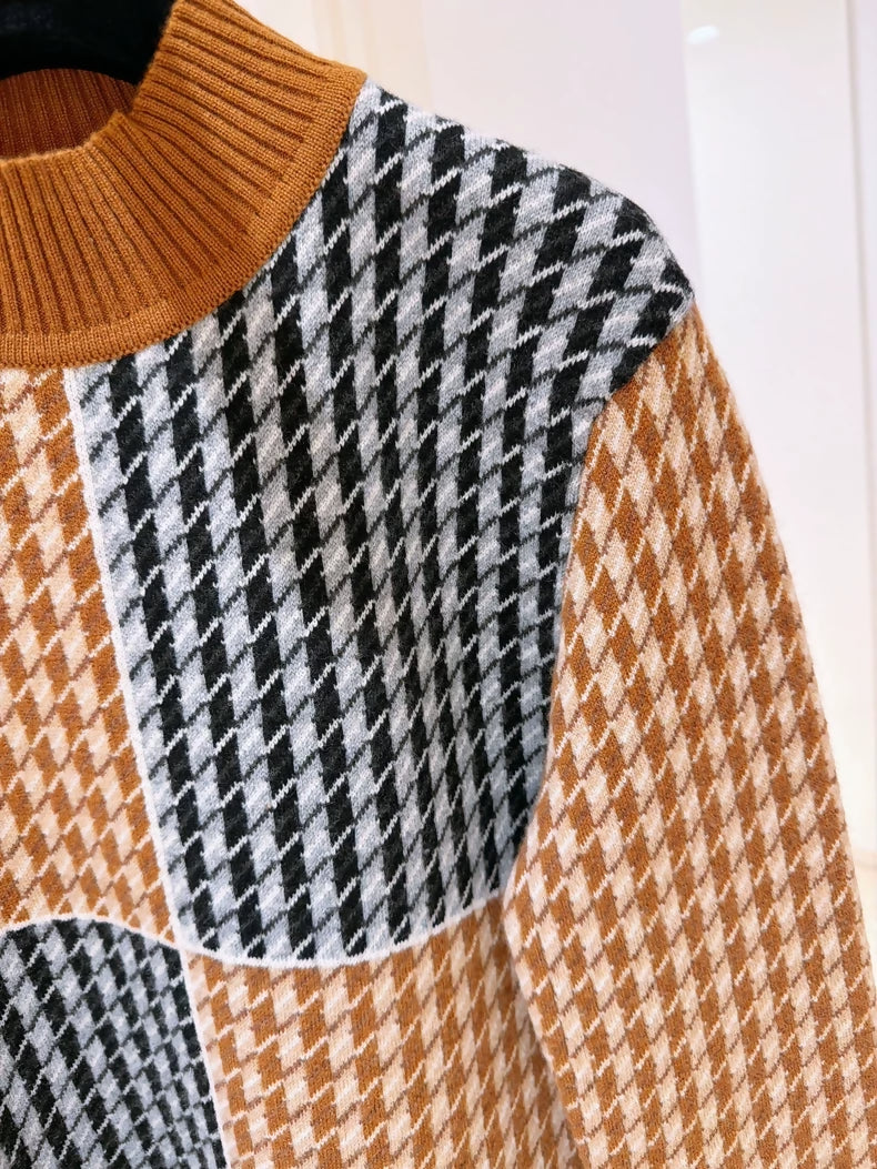 Hermes houndstooth color-blocked turtleneck cashmere sweater