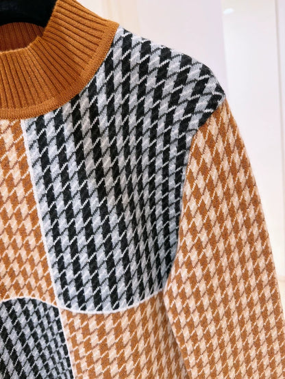 Hermes houndstooth color-blocked turtleneck cashmere sweater