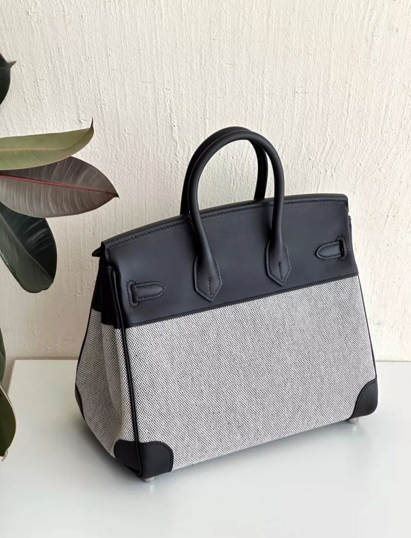 HERMÈS Birkin 25 Quadrille in Black Canvas and Swift leather with Palladium hardware