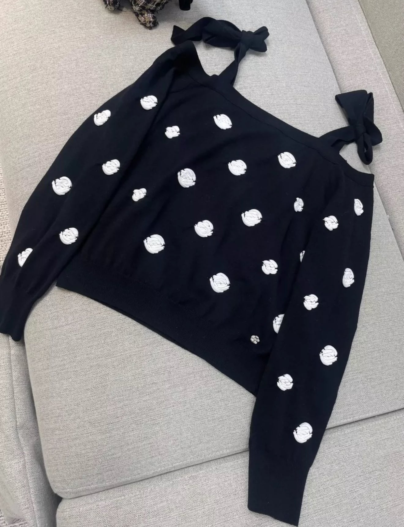 CHANEL 23K CAMÉLIA OFF SHOULDER TIE TOP