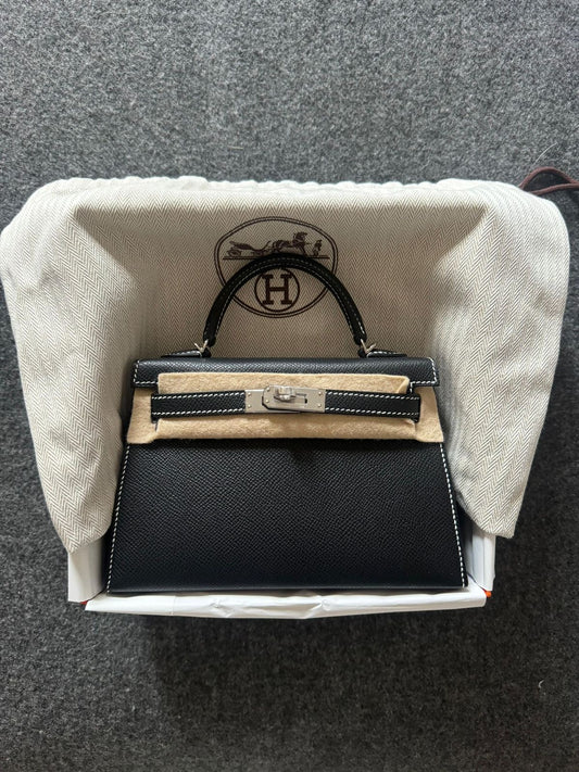 Hermes Mini Kelly 20 Verso Black inside Gris Perle contrast stitching Epsom Palladium hardware