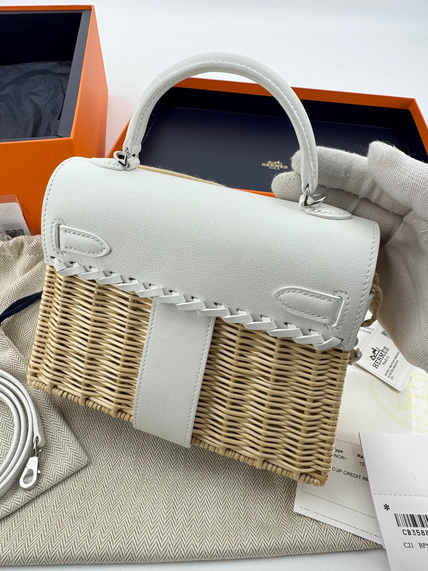 Hermès Mini Kelly 20 “Picnic” White Swift Leather & Palladium Hardware
