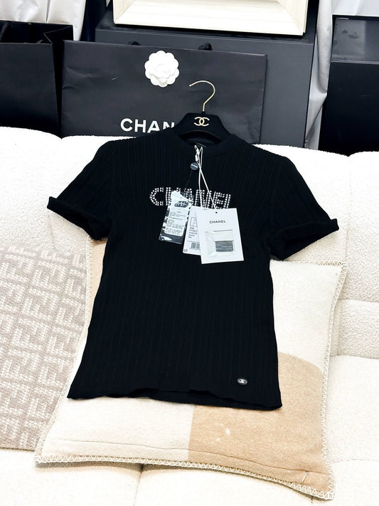 Chanel 21S black pleated CC knit t-shirt
