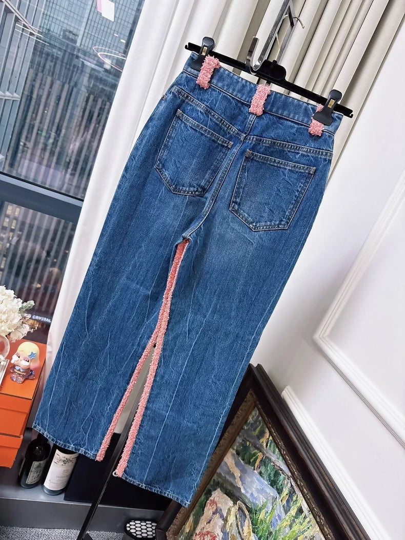 Chanel 21C denim orange-pink tweed straight-leg jeans
