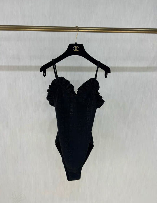 Chanel 23S Black Ruffle CC Logo Swimsuit size 36