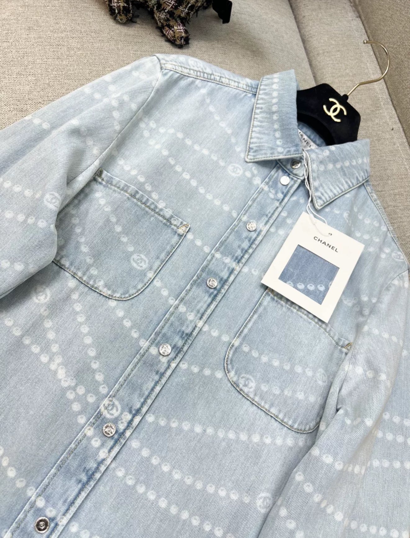 Chanel 25P printed washed denim blouse