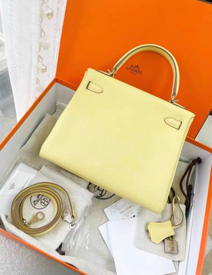 Hermes Kelly 25 Jaune Poussin Togo Leather Palladium hardware