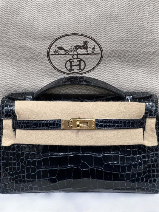 Hermès Kelly pochette Bleu Marine Shiny Alligator Gold hardware