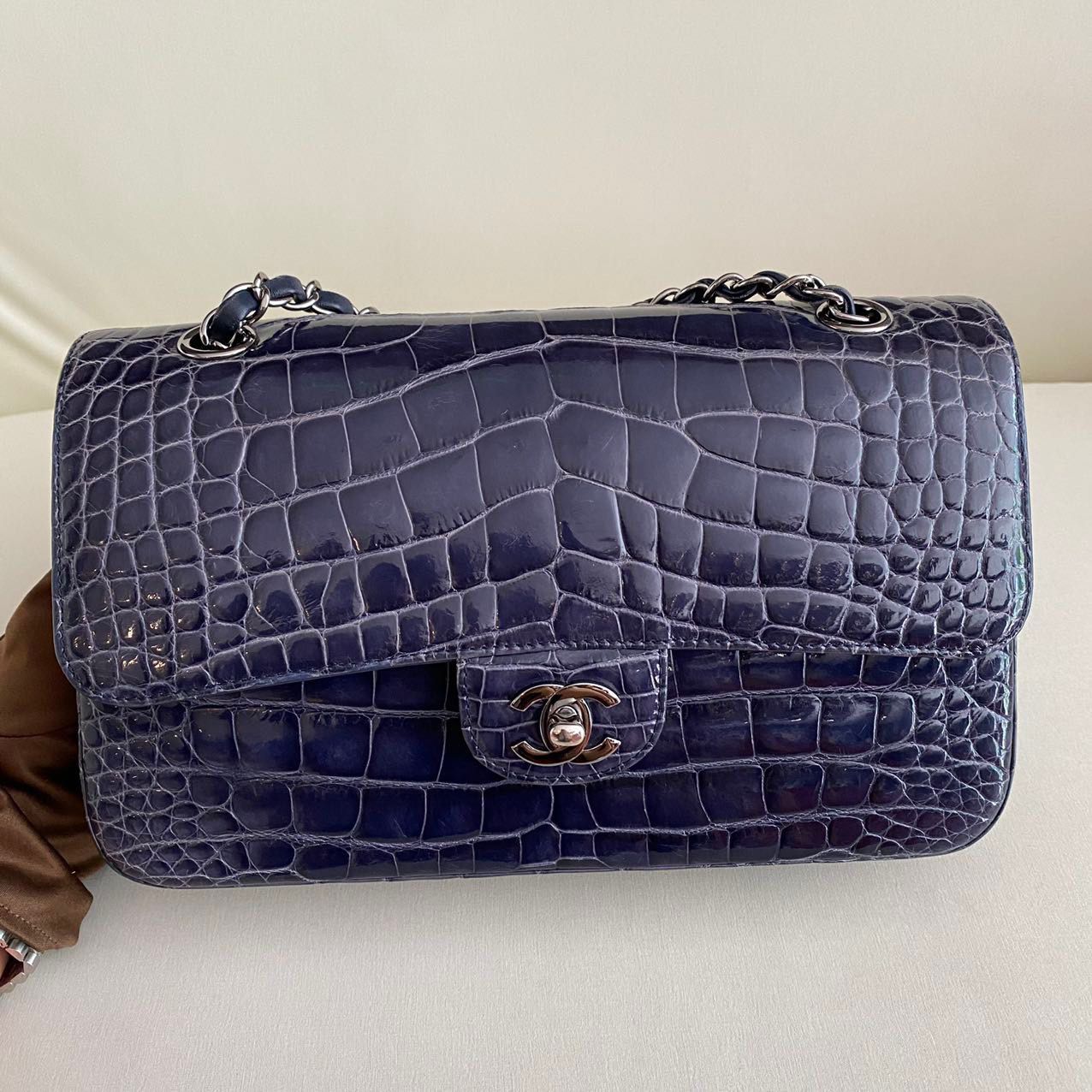 CHANEL SHINY BLUE ALLIGATOR CLASSIC FLAP BAG WITH SILVER HARDWARE