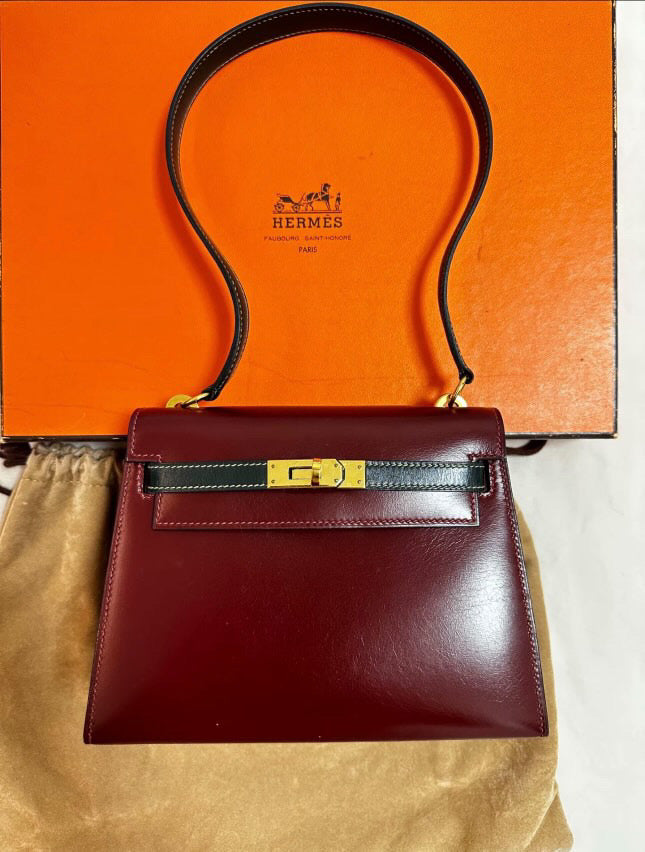 HERMES 80s KELLY 20 two Color’s Burgundy & Black Box Calf leather