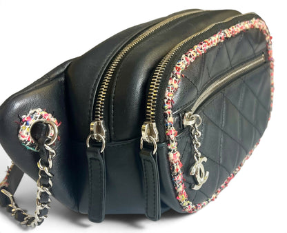 Chanel 19S Black Leather Multicolor Tweed Trim Quilted Waist Belt Bag