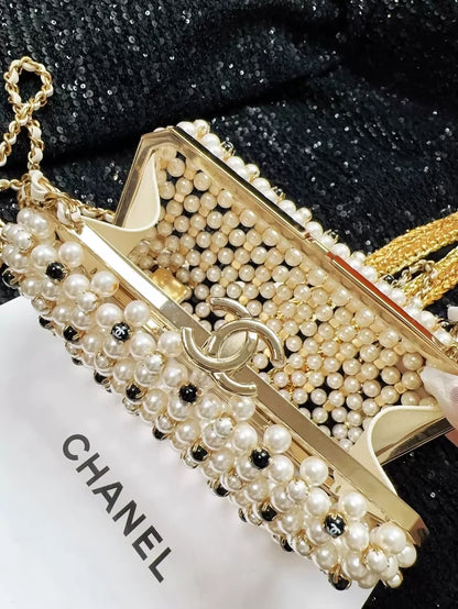 Chanel 23S black and white gold metallic pearls, chain bag
