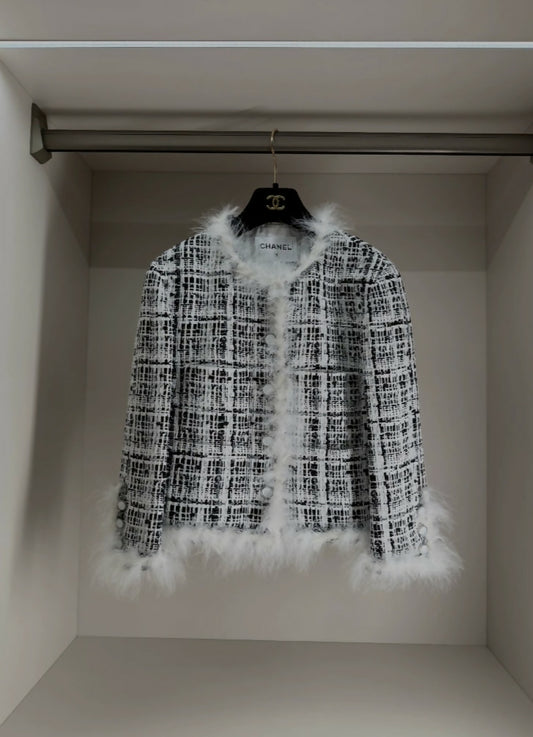 Chanel 25s Black and White Feather Jacket