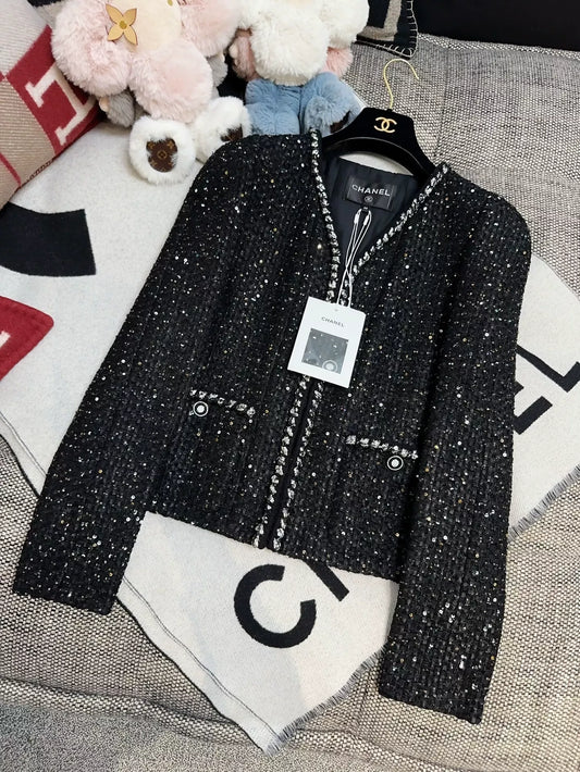 Chanel 22p black sequins tweed jacket