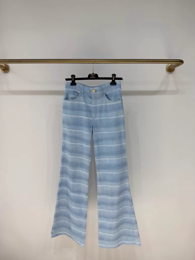 Chanel 26C Blue and White Gradient Striped Wide-Leg Jeans