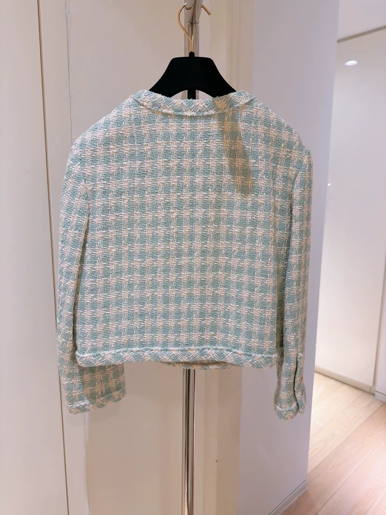 Chanel 23S Mint Green Houndstooth Tweed Jacket