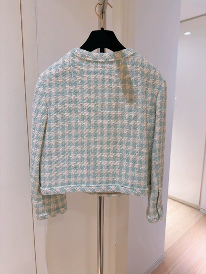 Chanel 23S Mint Green Houndstooth Tweed Jacket