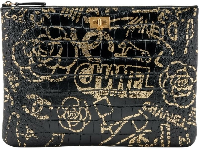 Chanel 19A Paris New York Egyptian Croc Embossed Graffiti Medium O Case Clutch