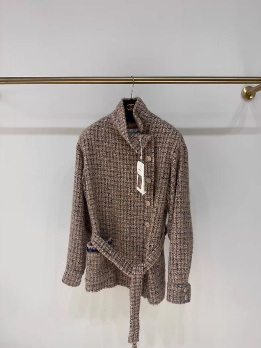 Chanel 24K pink & purple check tweed belted coat