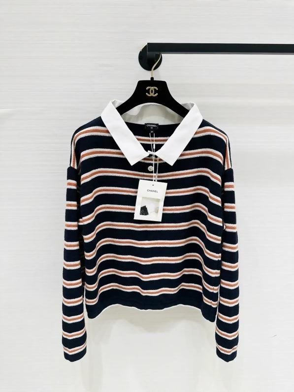 Chanel 26C striped knit polo shirt top
