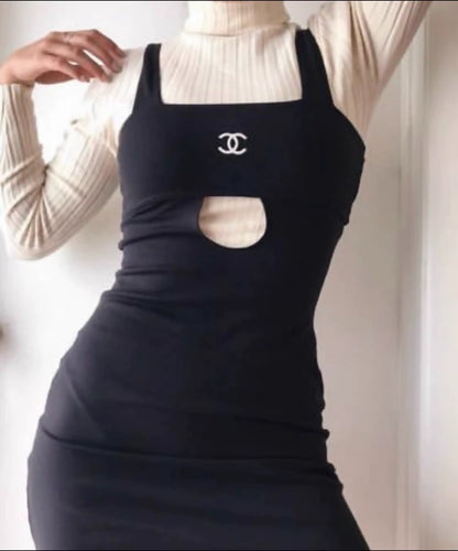 Chanel 98P Black Hollowed-Out Logo Maxi Dress