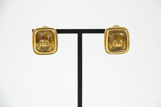 Chanel Vintage 99A Amber Gripoix Yellow Square Clip-on Earrings