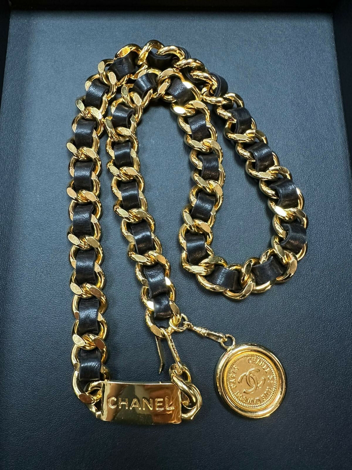 Chanel Vintage 80s Gold Plated & Leather Light Brown Gold Coin Waist Chain (L78)