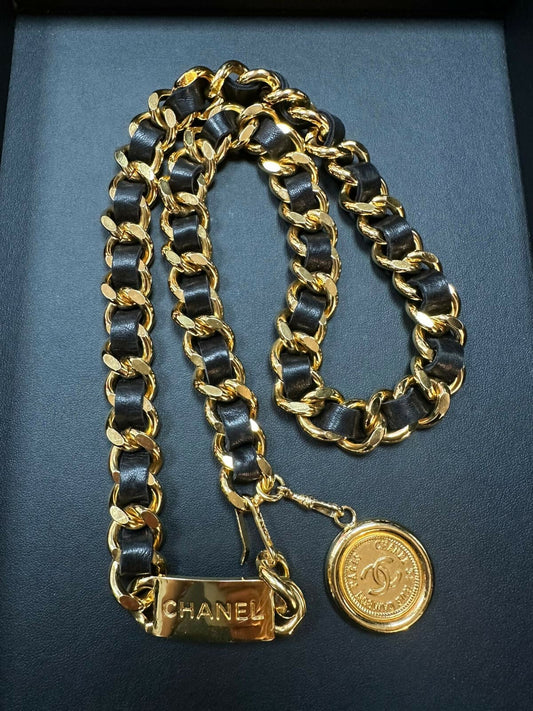 Chanel Vintage 80s Gold Plated & Leather Light Brown Gold Coin Waist Chain (L78)