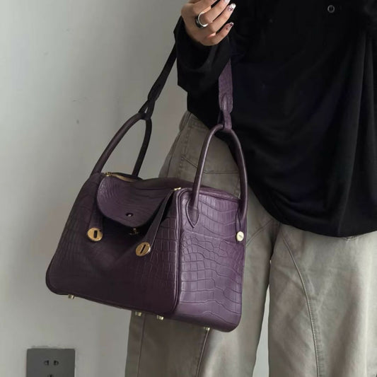 Hermès Lindy 30 Purple Matte Crocodile with Gold Hardware