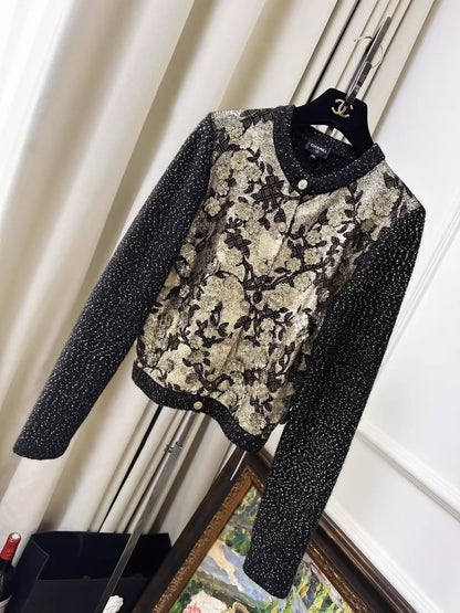 Chanel 25a Black and Gold Floral and Bird Embroidered Knit Cardigan