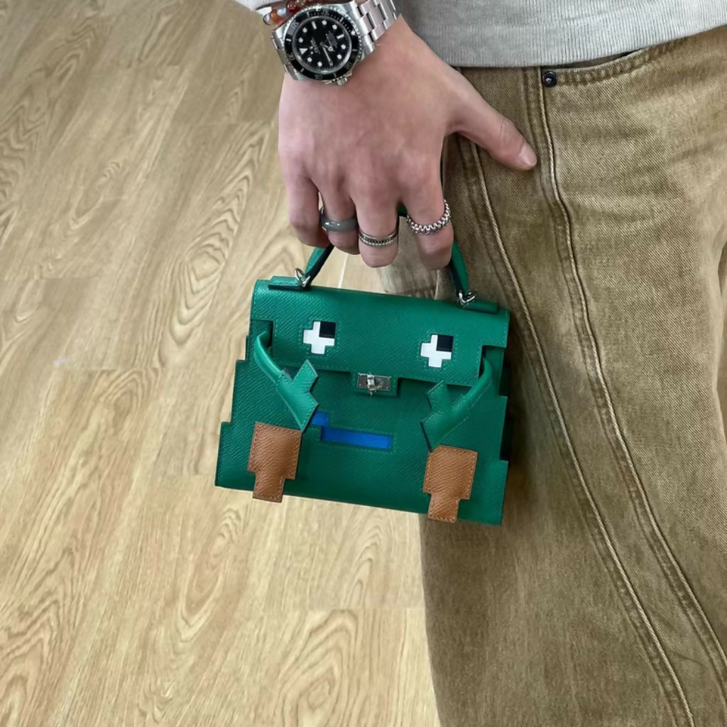 HERMÈS Kelly Doll Picto Vert Vertigo Epsom Leather Palladium