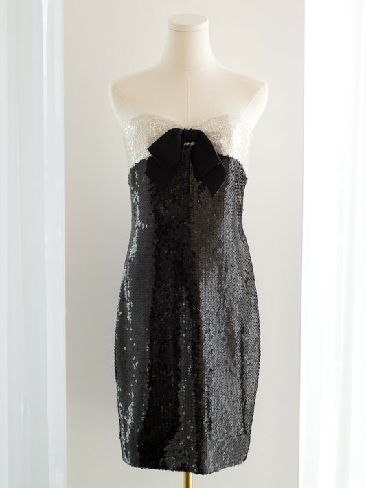 chanel vintage spring 1987 black white sequin embellished bow mini dress