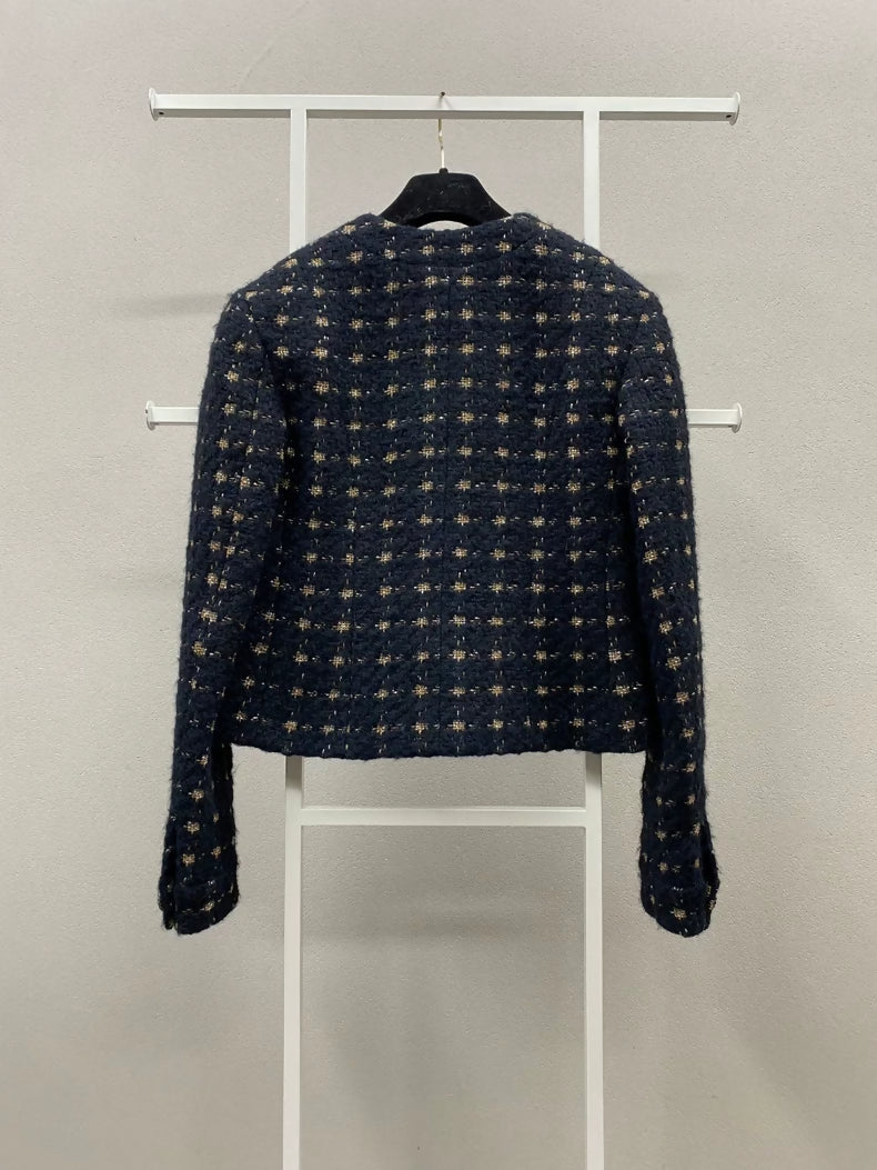 Chanel 19K Black and Gold Check Tweed Jacket