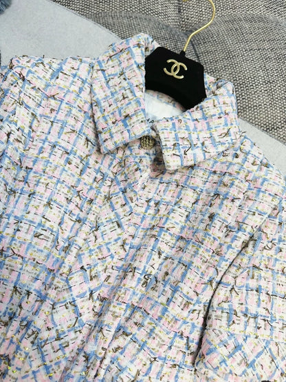 Chanel 19C dress in pink and blue tweed with gold thread