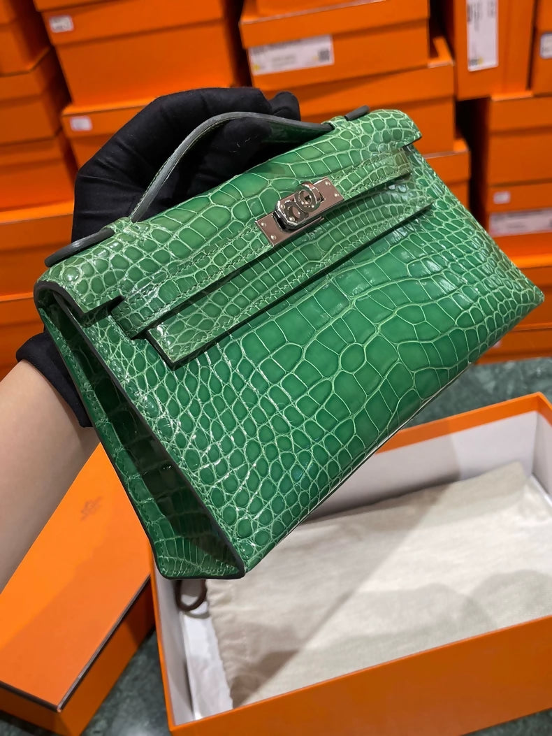 Hermes mini Kelly pochette cactus green shiny crocodile leather palladium hardware