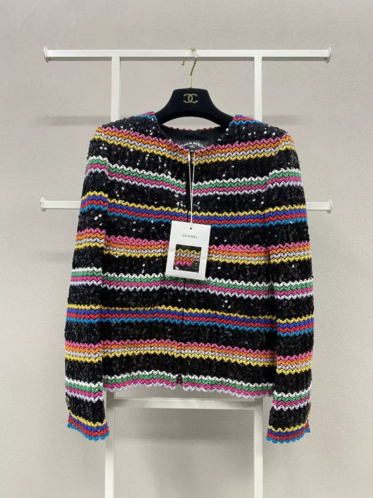 Chanel 22S colorful striped woven sequined jacket