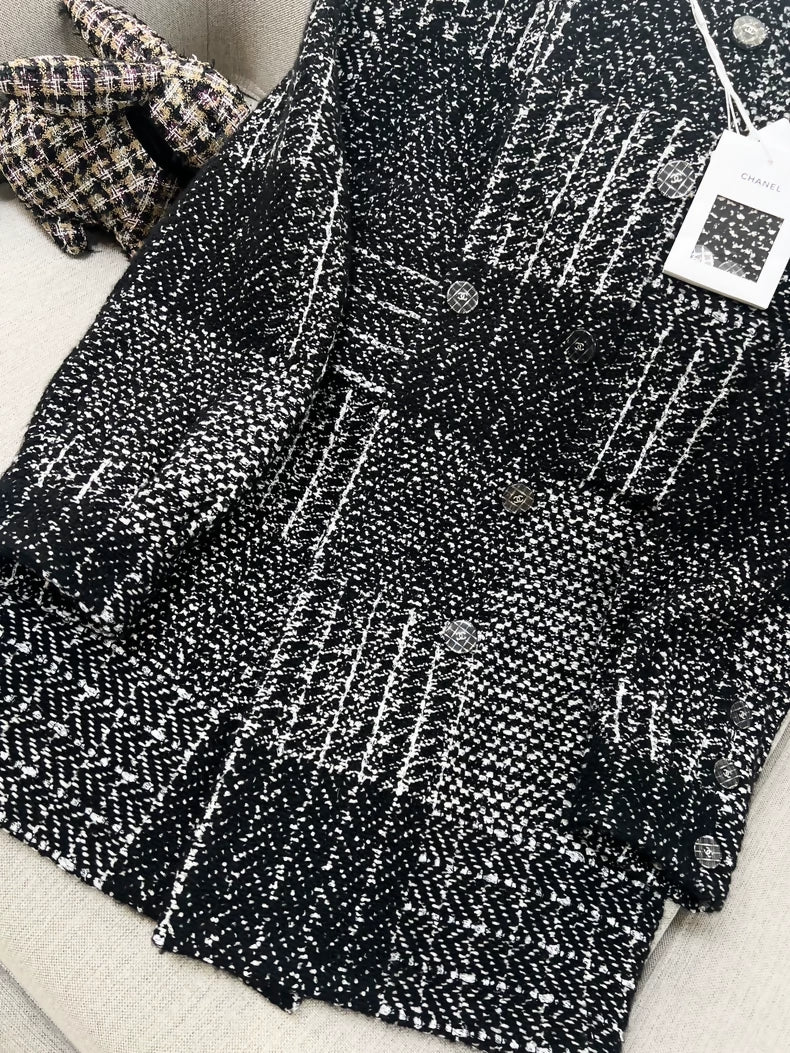 Chanel 21k black and white tweed long coat