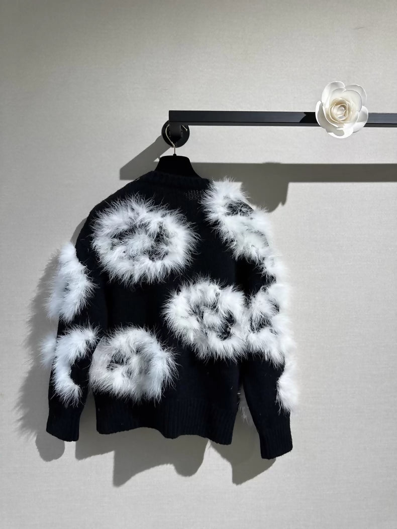 Chanel 23k black and white feather camellia knit top