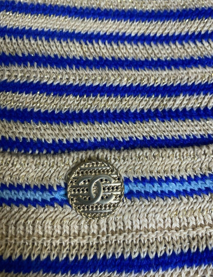 From the 2019 Cruise Resort La Pausa Collection by Karl Lagerfeld. Set Retail 5.5k Chanel Outfit in Metallic Striped Cardigan in Gold, Beige, and Blue Striped Linen Cashmere Blend with Matching Skirt. 2 Gold CC Buttons on Pockets and 2 on the skirt with