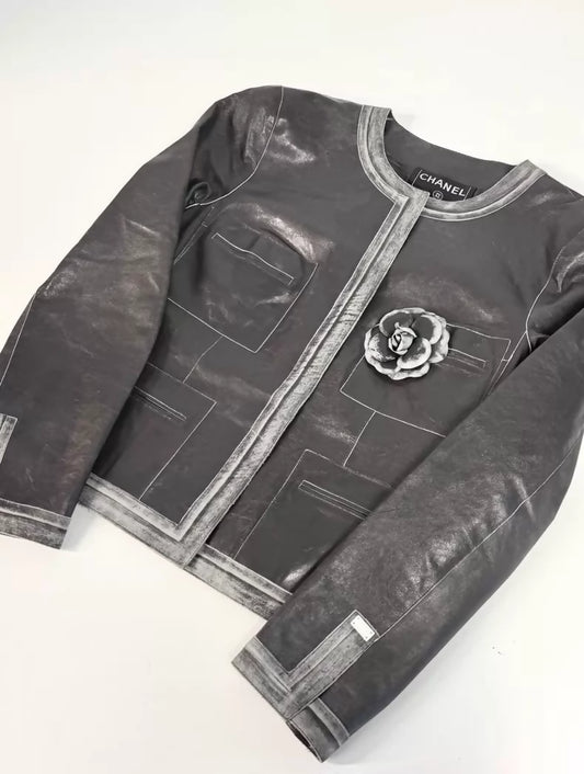 Chanel 03P Grey Leather Camellia Jacket