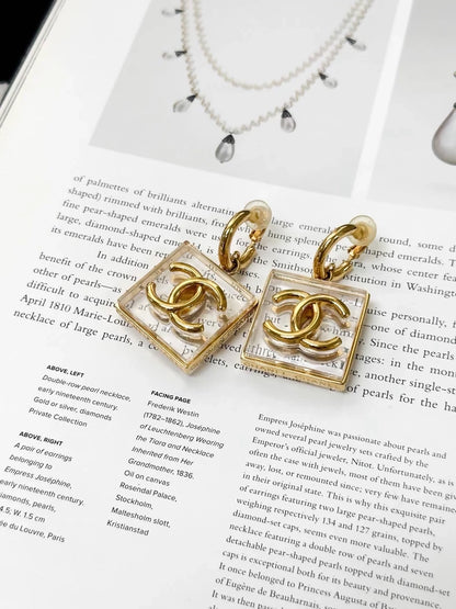Chanel 23S gold transparent double C square acrylic earrings