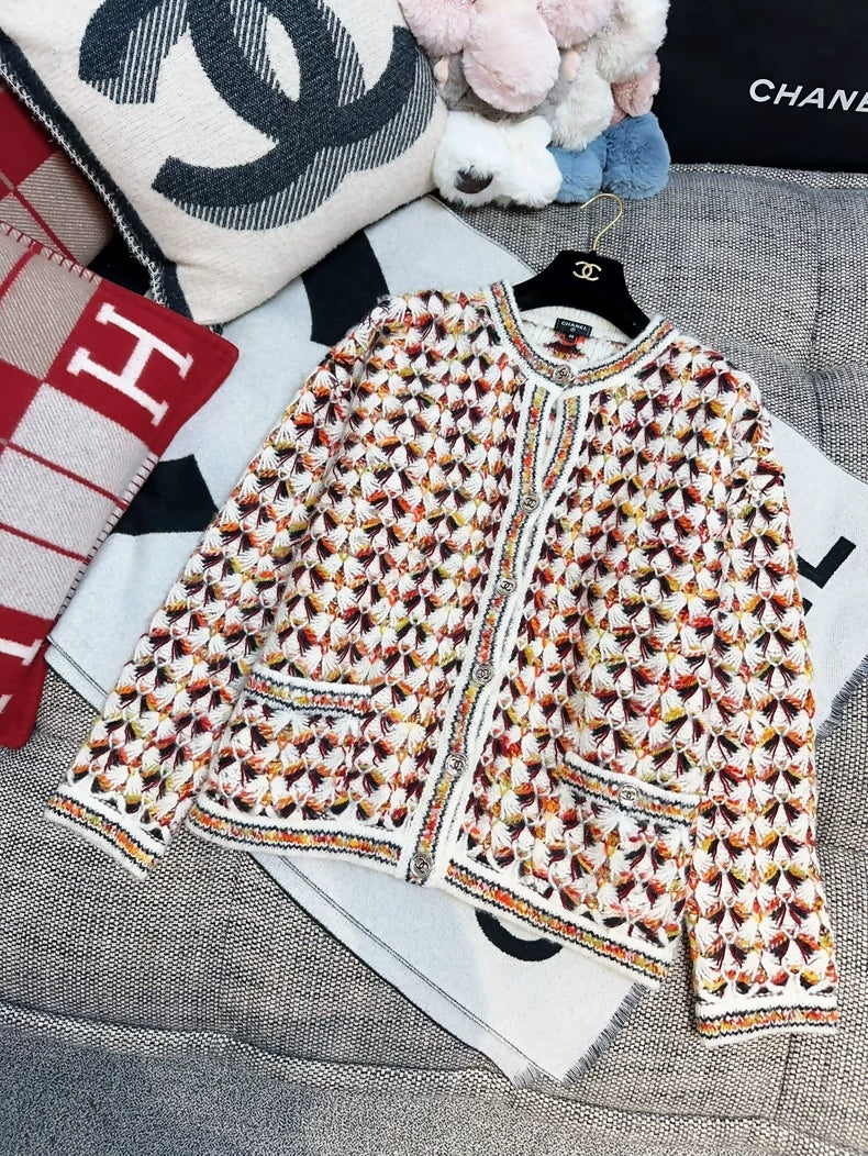 Chanel 23A brown, orange and white knitted cardigan