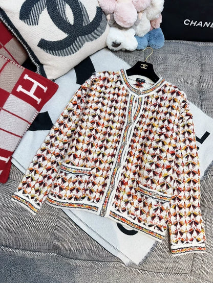 Chanel 23A brown, orange and white knitted cardigan