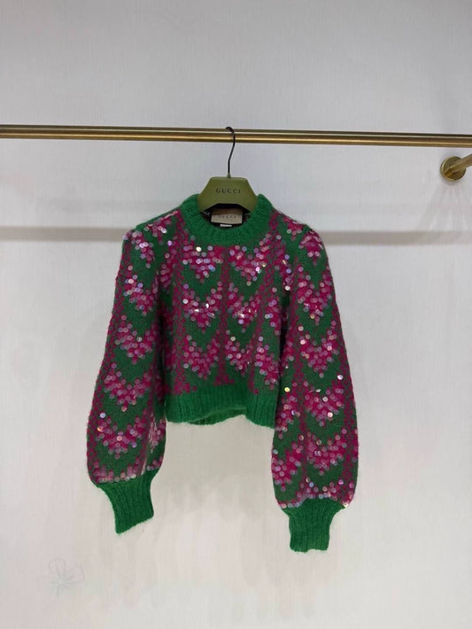 Gucci rhinestone sequined puff sleeve sweater