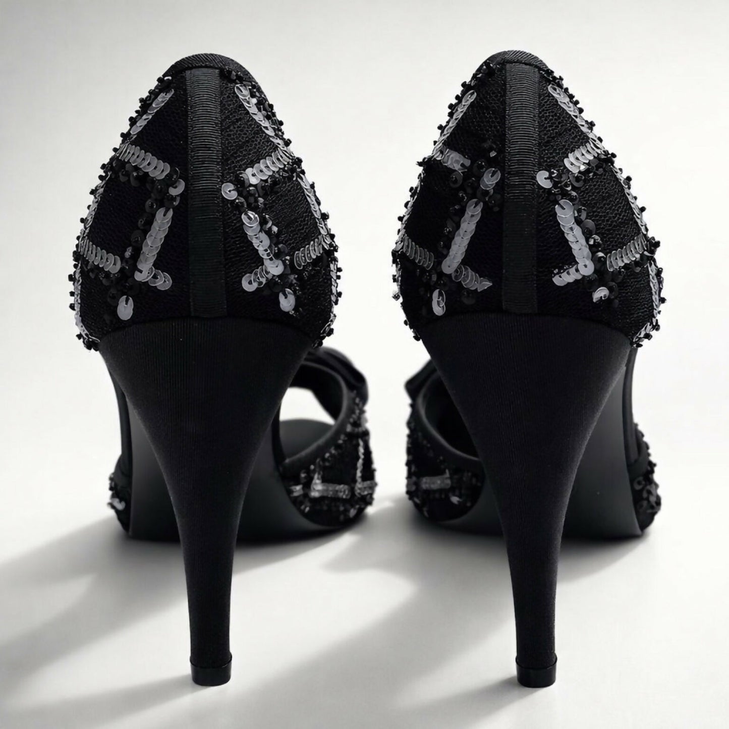 Chanel 09P Removable CC Brooch Black Sequin Bow Strap Heels EU 40