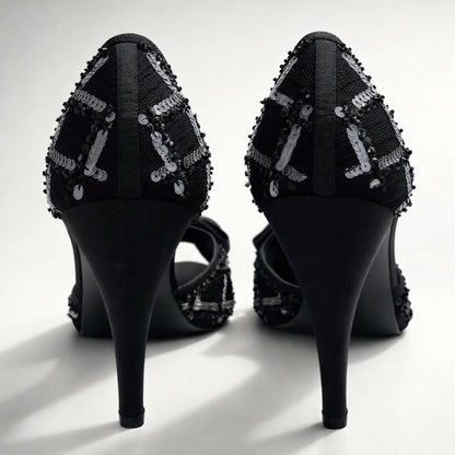 Chanel 09P Removable CC Brooch Black Sequin Bow Strap Heels EU 40