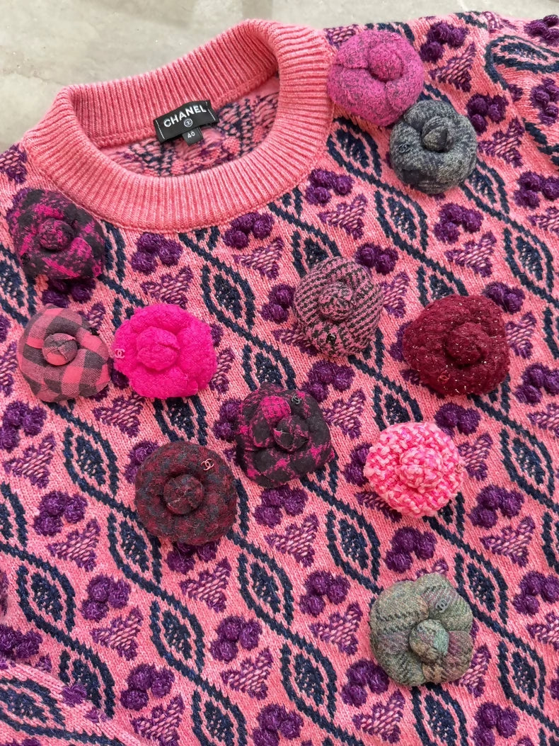Chanel 22K pink-purple camellia brooch sweater