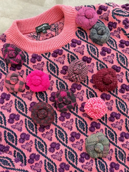 Chanel 22K pink-purple camellia brooch sweater